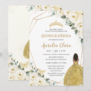 Quinceañera Ivory White Floral Gold Brown Princess Einladung