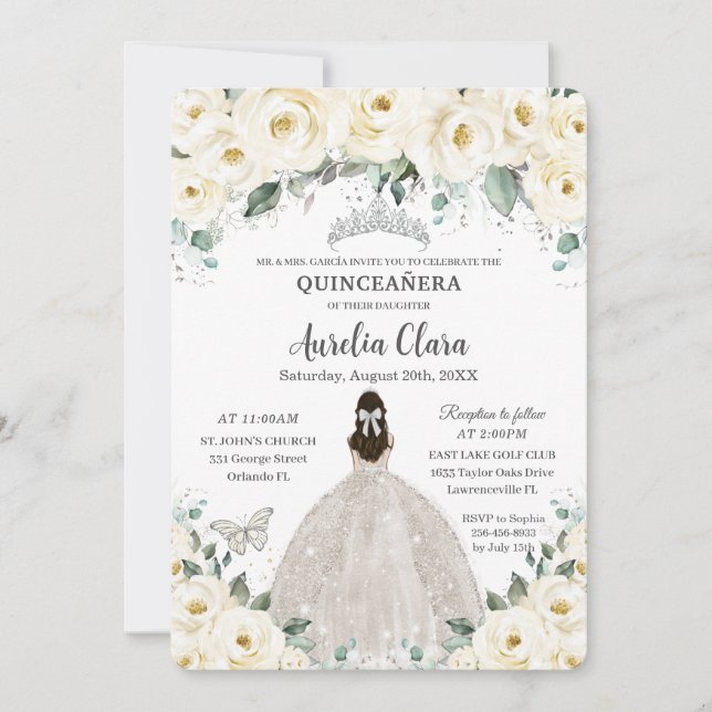Quinceañera Ivory White Floral Silver Tiara Kleid Einladung (Vorderseite)