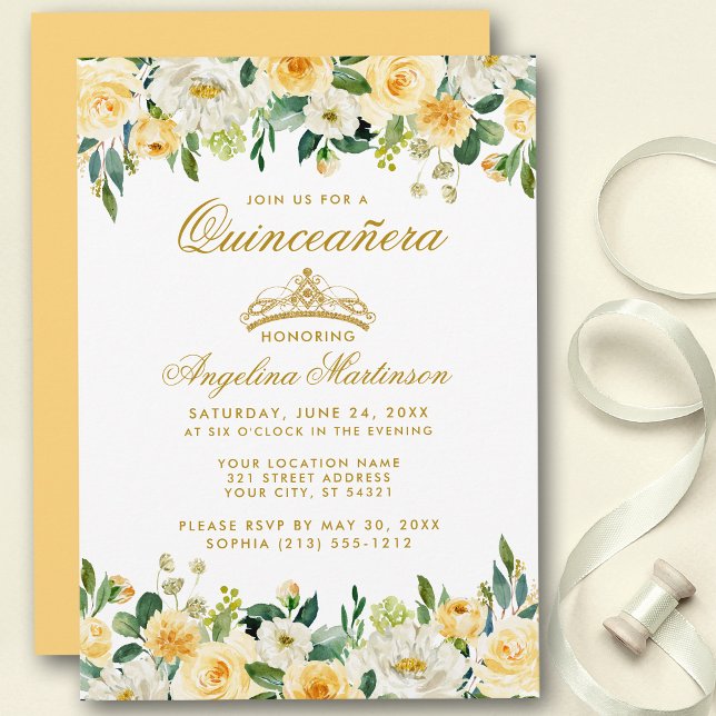 Quinceanera Jaune Or Blanc Floral Invitation (Customize to change text color, style, add text & photos to back or change color of back of card.)
