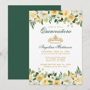 Quinceanera Jaune Vert Floral Or Invitation