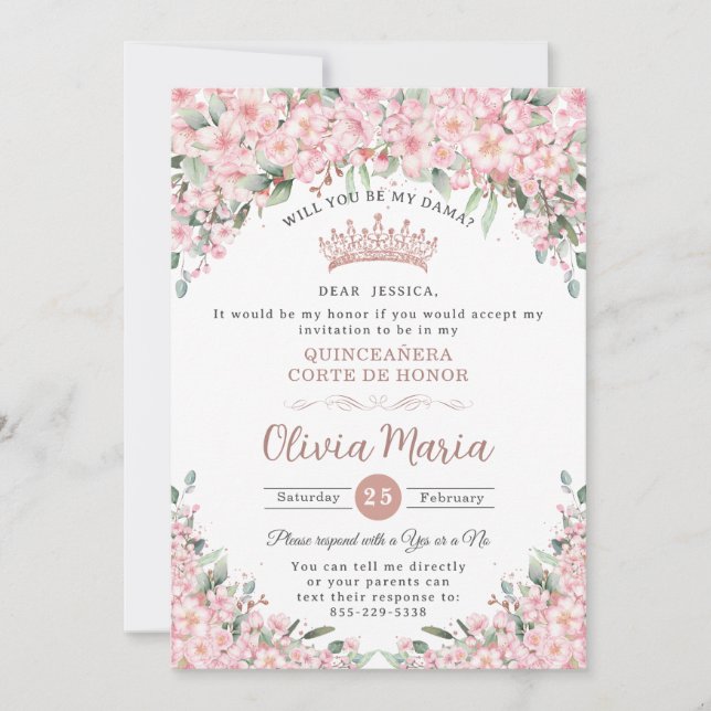 Quinceañera Kirschblüten Rose Gold Dama Anforderun Einladung (Vorderseite)