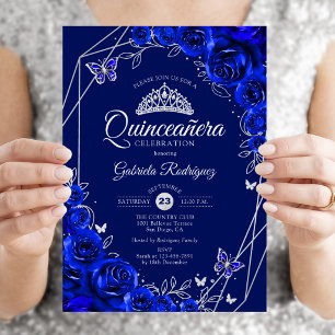 Quinceanera Königlich Blau Silber Blumen Einladung