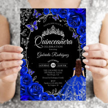 Quinceanera Königlich Blau Silber Blumen