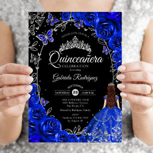 Quinceanera Königlich Blau Silber Blumen Einladung
