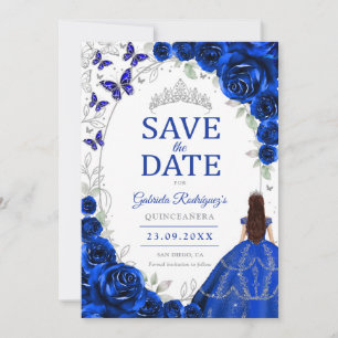 Quinceanera Königlich Blau Silber Blumen Save The Date