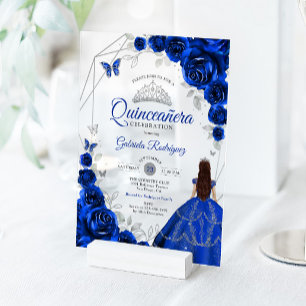 Quinceanera Königlich Blau Silber Blumenkleid Acryleinladungen