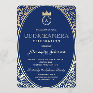 Quinceanera Königlich Blau und Gold Prinzessin Mon Einladung