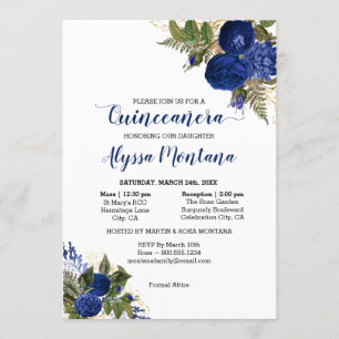 Quinceanera Königlich Blaue Rosen Messe & Empfang Einladung