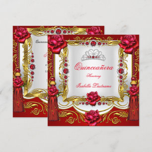 Quinceanera Königlich Rot Gold Rose Quasten Diadem Einladung