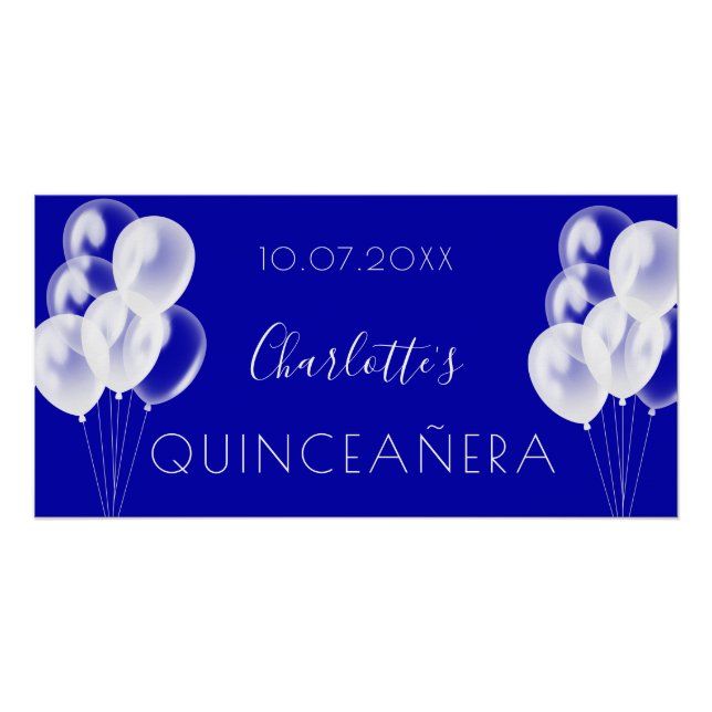 Quinceanera Königsblauen Weißballons Party Poster (Vorderseite)