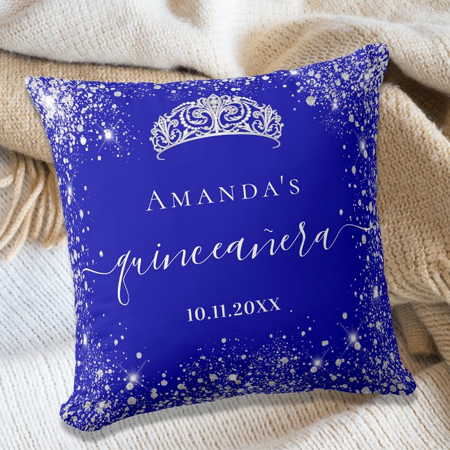 Quinceanera Königsblauer Glitzer Tiara Name Kissen (Von Creator hochgeladen)