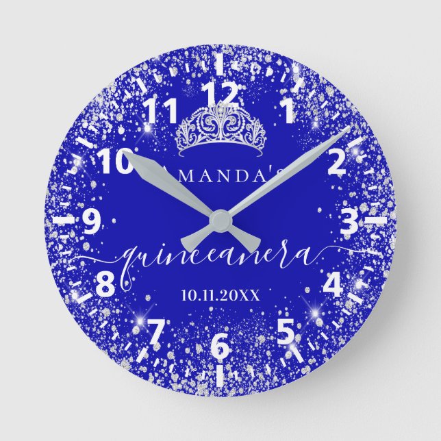 Quinceanera Königsblauer Glitzer Tiara Name Runde Wanduhr (Vorderseite)