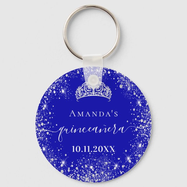 Quinceanera Königsblauer Glitzer Tiara Name Schlüsselanhänger (Vorderseite)