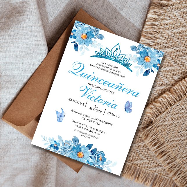 Quinceañera Krone Baby Blue Floral Butterfliegen Einladung (Von Creator hochgeladen)