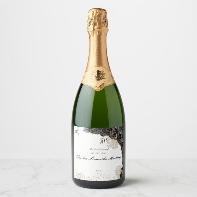Quinceañera Label Champagne Flasche Schwarz & Gold (Vorderseite)