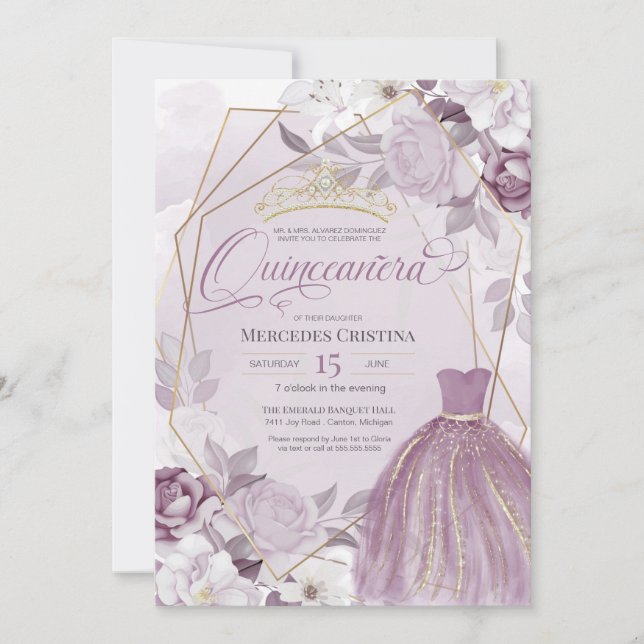 Quinceañera Lavendel lila elegante extravagante Ti Einladung (Vorderseite)