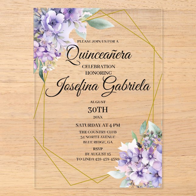 Quinceanera Lavender floral  Acryleinladungen (Vorderseite)