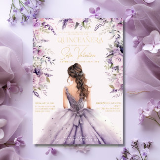 Quinceañera Lavender Lila Lilac Floral Gown Gold Einladung