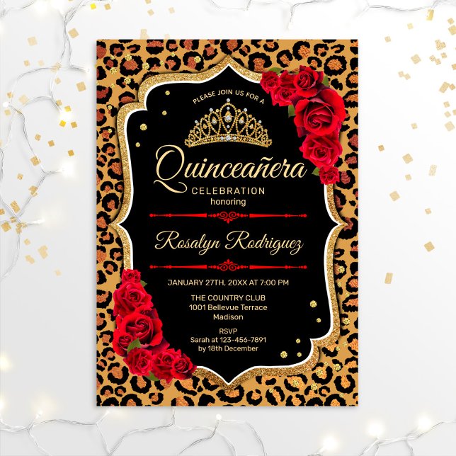 Quinceanera - Leopard Print Gold Red Einladung (Von Creator hochgeladen)