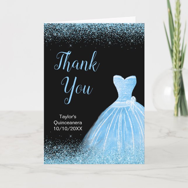 Quinceanera Light Blue Dress Imitate Glitzer Dankeskarte (Vorderseite)