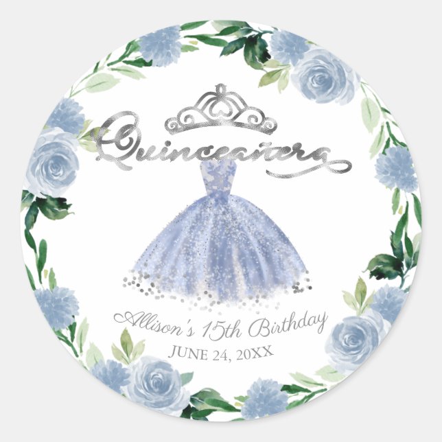 Quinceanera Light Blue Silver Gown Floral Runder Aufkleber (Vorderseite)