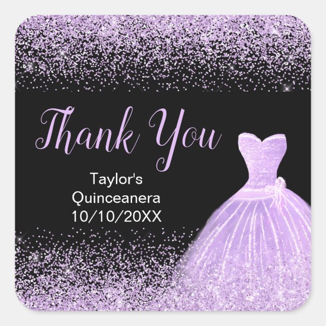 Quinceanera Light Lila Dress Imitate Glitzer Quadratischer Aufkleber (Vorderseite)