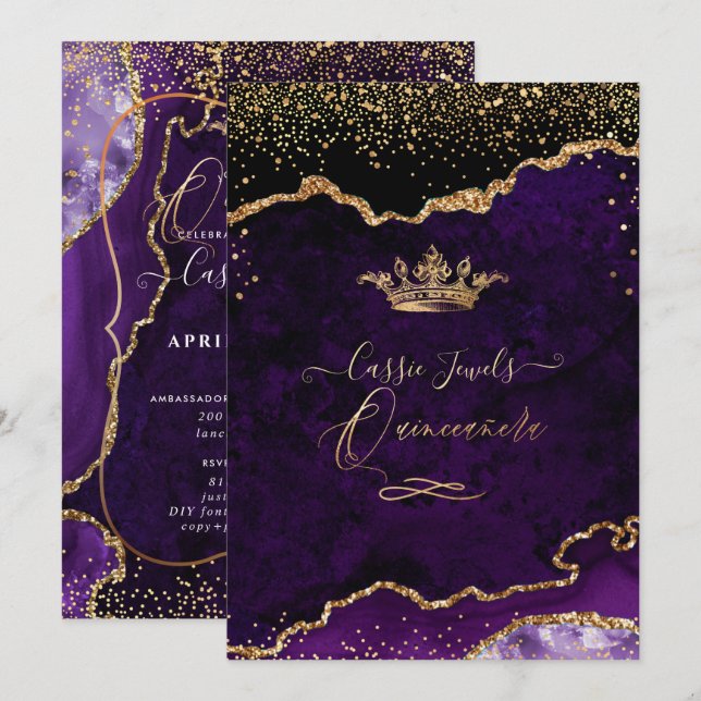Quinceanera, Lila Agate Imitate Gold Confetti Invi Einladung (Vorne/Hinten)