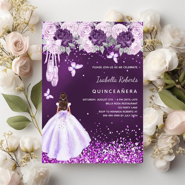 Quinceanera lila Ballerina Kleidung Blumenmuster Einladung (Von Creator hochgeladen)