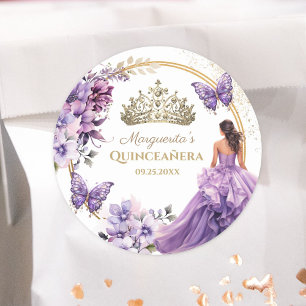 Quinceañera Lila Blumen Gold-Tiara Schmetterling Runder Aufkleber