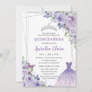 Quinceañera Lila Blumengarnkleid Silver Tiara Einladung