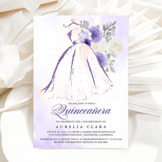 Quinceañera Lila Blumenkleid 15. Geburtstag Einladung (Von Creator hochgeladen)
