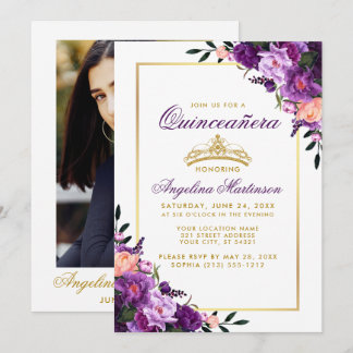 Quinceanera Lila Blumenkronen Foto zurück Einladung