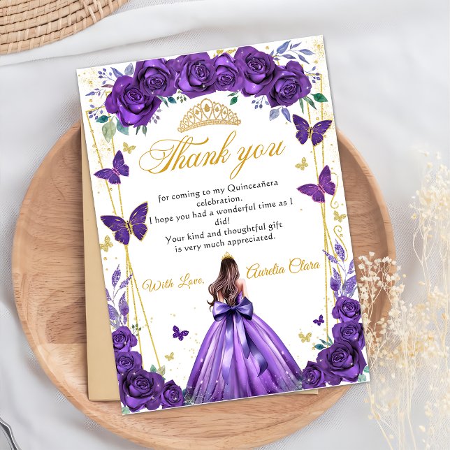 Quinceañera Lila Blumenprinzessin Butterfliegen Dankeskarte (Von Creator hochgeladen)