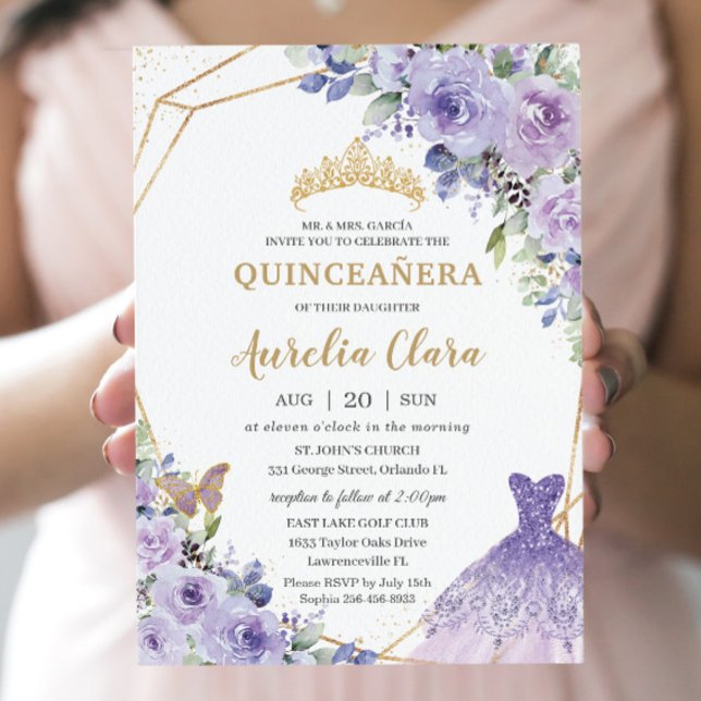 Quinceañera Lila Blumenprinzessin Gown Tiara Invi Einladung (Von Creator hochgeladen)