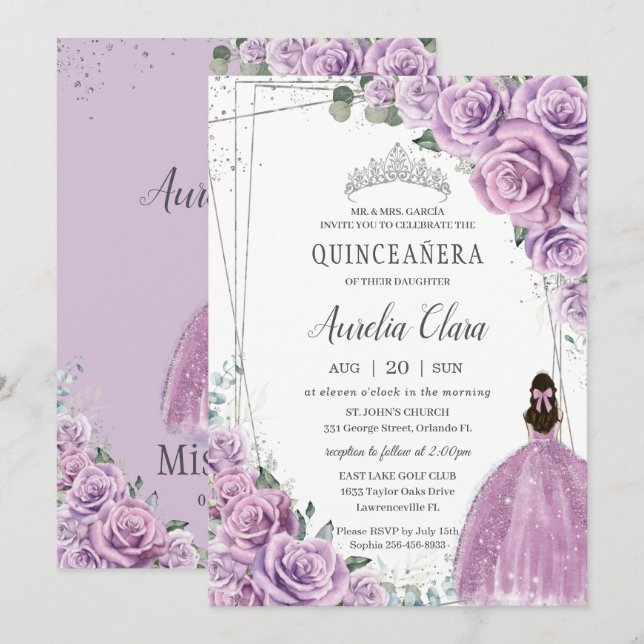 Quinceañera Lila BlumenPrinzessin Silver Birthday Einladung (Vorne/Hinten)