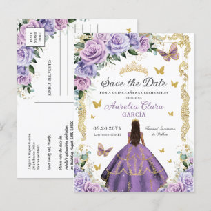 Quinceañera Lila Flieder Rose Floral Gold Prinzess Ankündigungspostkarte