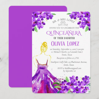 Quinceañera Lila Floral 15. Geburtstag Einladung