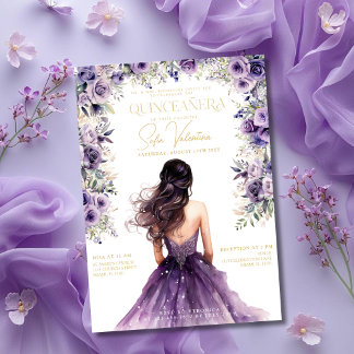 Quinceañera Lila Floral Gold Prinzessinnen Kleid Einladung