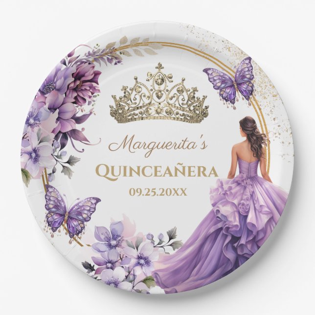 Quinceañera Lila Floral Gold Tiara Butterfly Pappteller (Vorderseite)