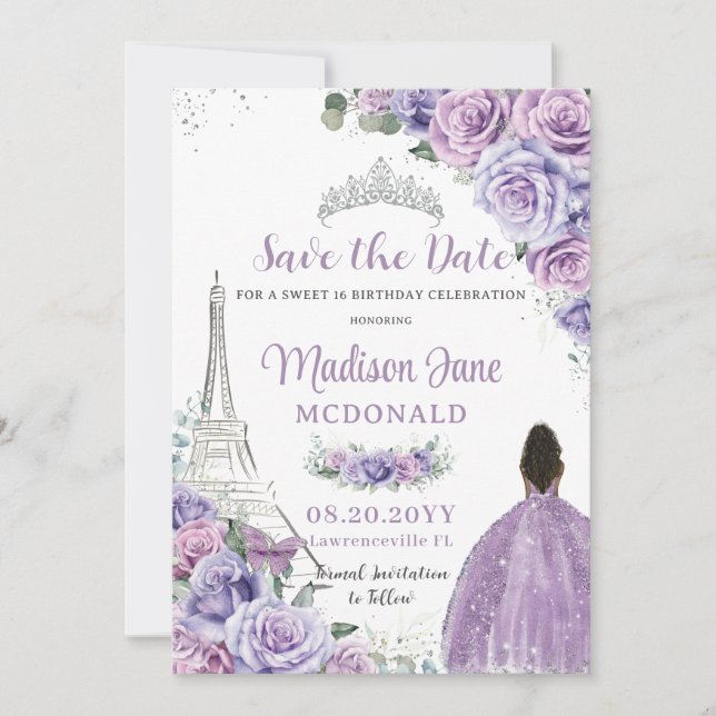 Quinceañera Lila Floral Paris Eiffel Brown Girl Save The Date (Vorderseite)