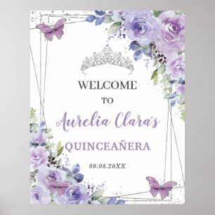 Quinceañera Lila Floral Silber Schmetterlinge Poster