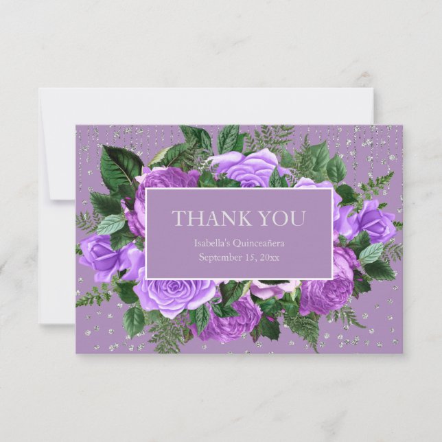 Quinceañera Lila Floral Silver Glitzer Vielen Dank Dankeskarte (Vorderseite)