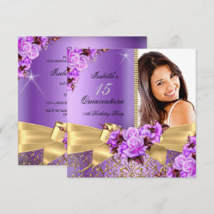 Quinceanera Lila Foto Goldene Rose 15. Geburtstag Einladung