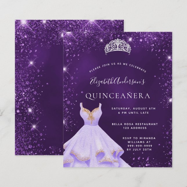 Quinceanera lila Glitzer Kleid Tiara Einladung (Vorne/Hinten)