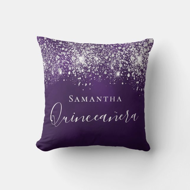 Quinceanera lila Glitzer Staub silber Monogramm Kissen (Vorderseite)
