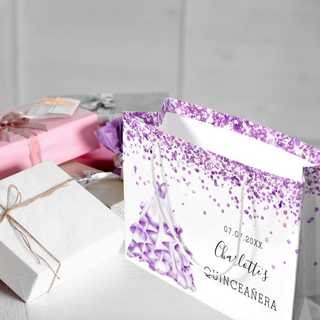 Quinceanera lila Glitzer Staubkleid Name Große Geschenktüte (Von Creator hochgeladen)