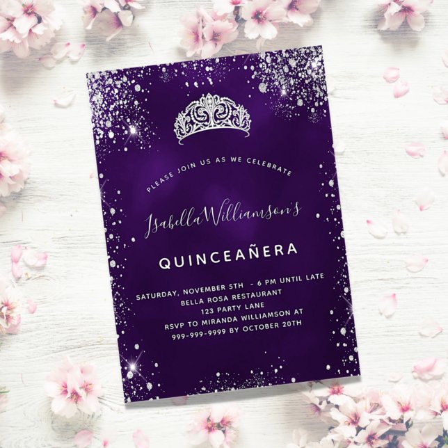Quinceanera lila Glitzer Tiara Krone Einladungspostkarte (Von Creator hochgeladen)