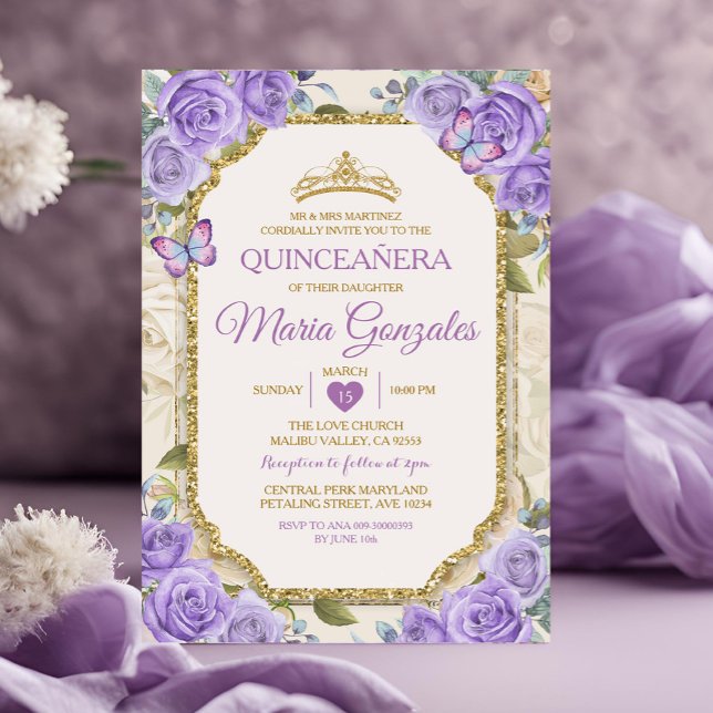 Quinceañera Lila & Gold Crown Mexican Butterfly Einladung (Von Creator hochgeladen)
