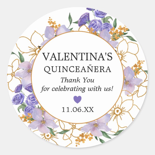 Quinceanera Lila Gold Floral Gefallen Vielen Dank Runder Aufkleber (Vorderseite)