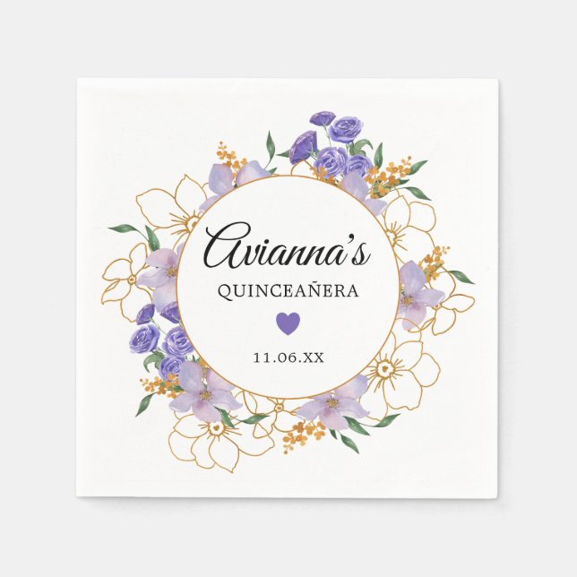 Quinceanera Lila Gold Floral Party Serviette (Vorderseite)